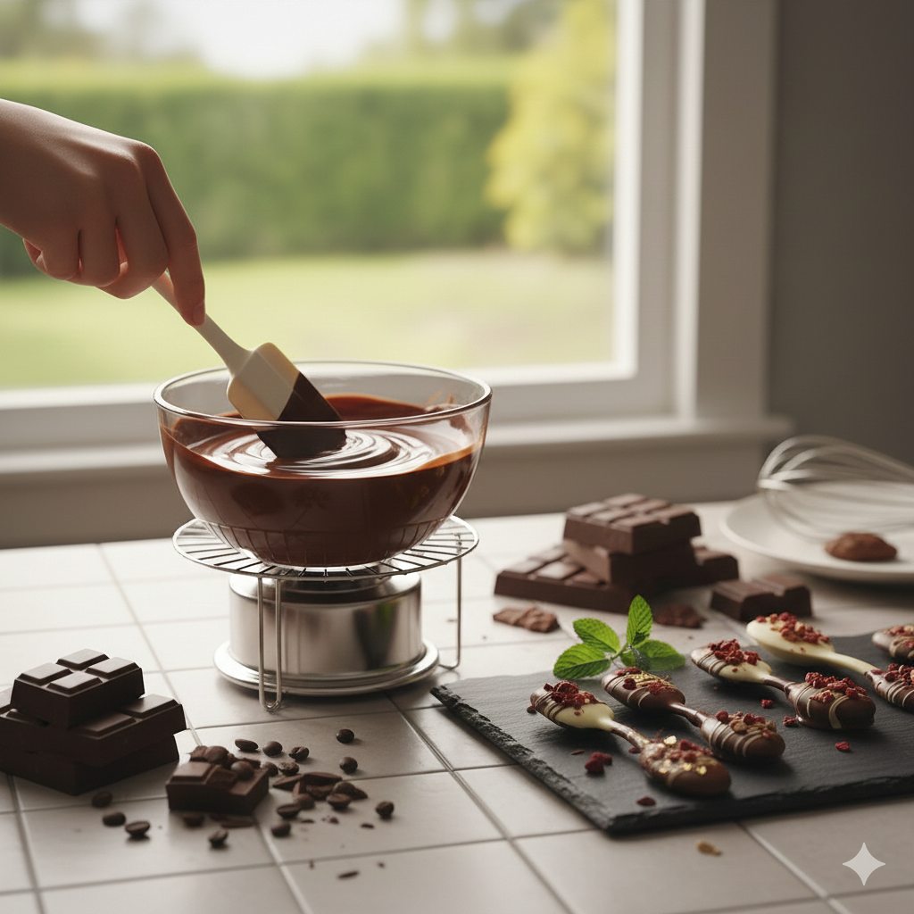 Hand dipping into melted chocolate to make garnishes next to finished chocolate decorations
