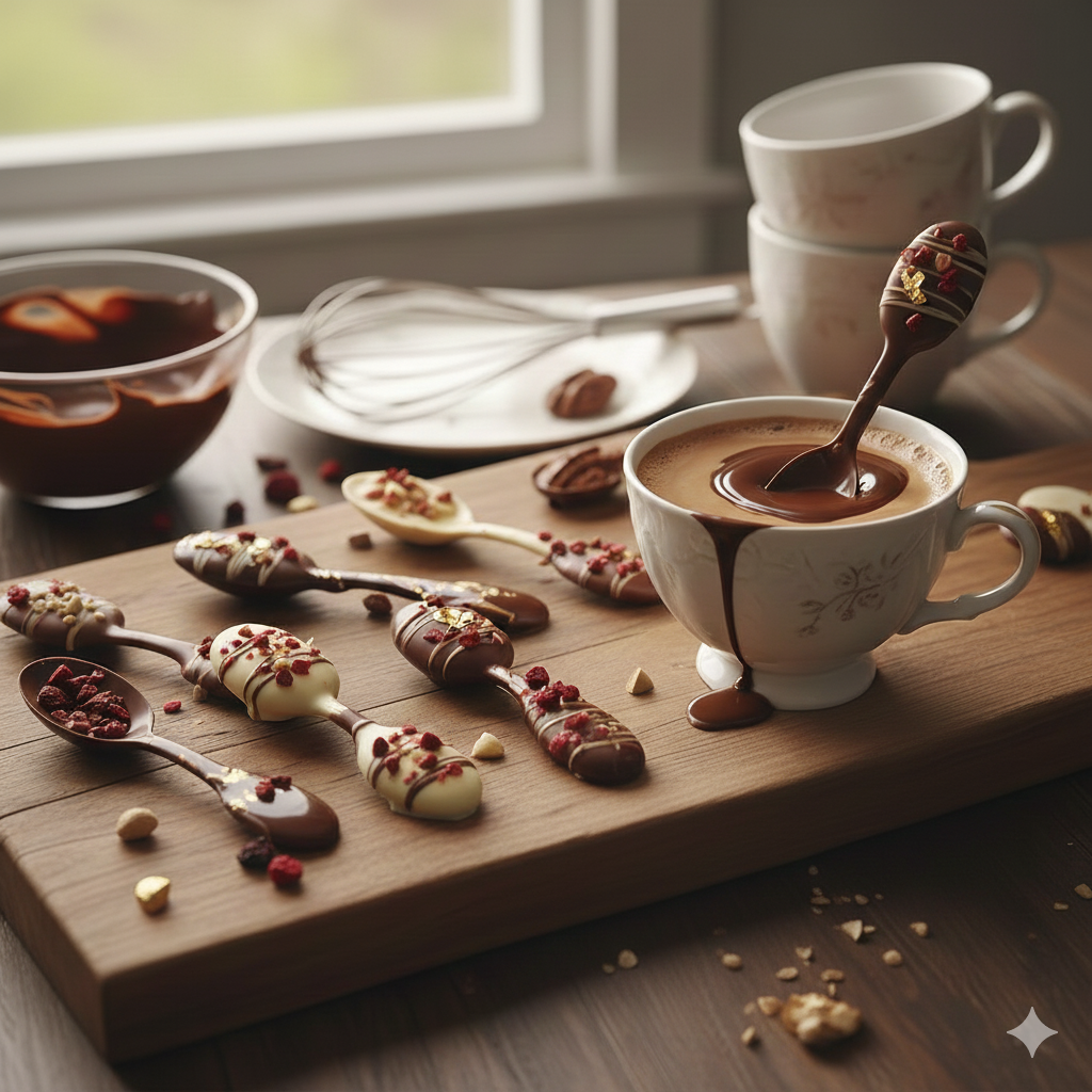 Chocolate spoons decorated with nuts and dried fruit beside cups of hot chocolate