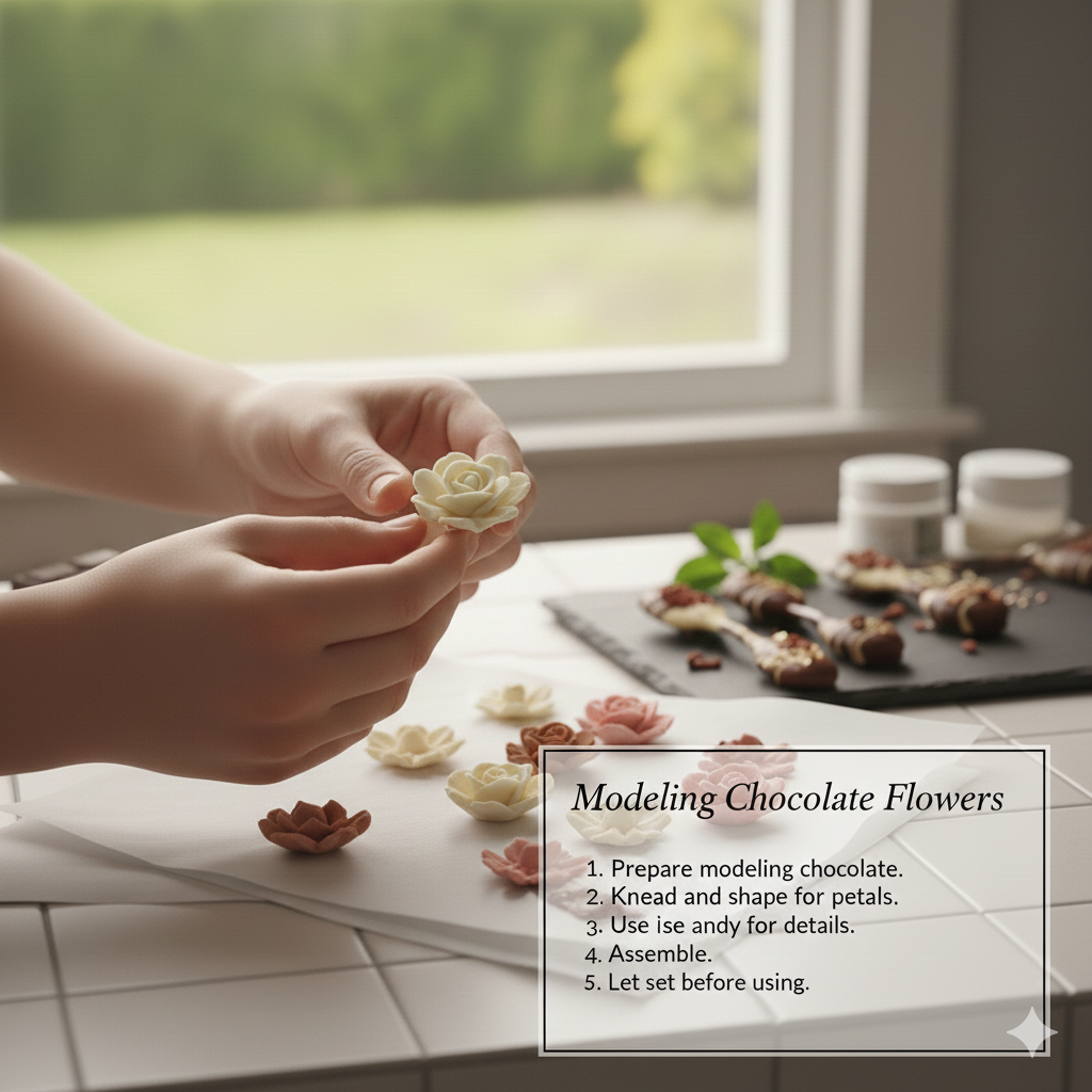 Hands shaping modeling chocolate flowers beside a card with the steps