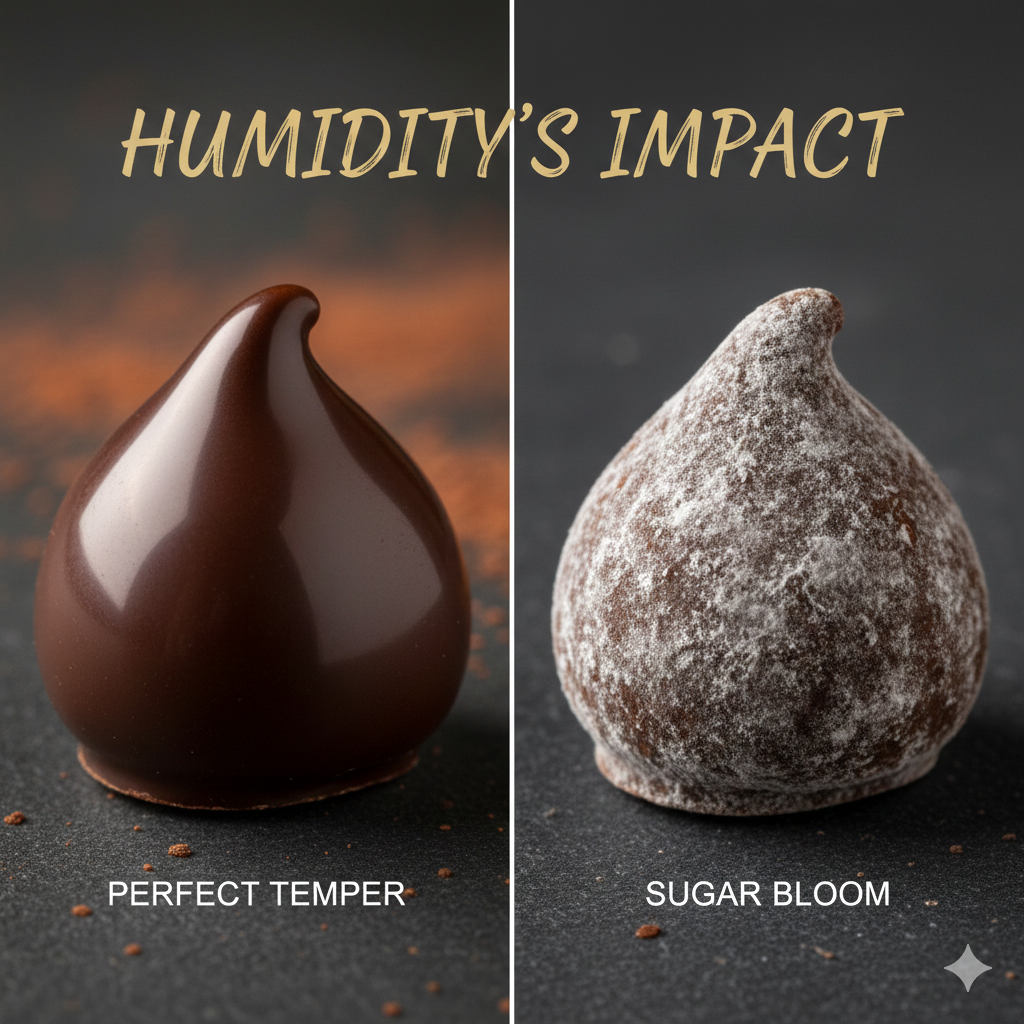 Comparison of a well-tempered chocolate with one showing sugar bloom from humidity