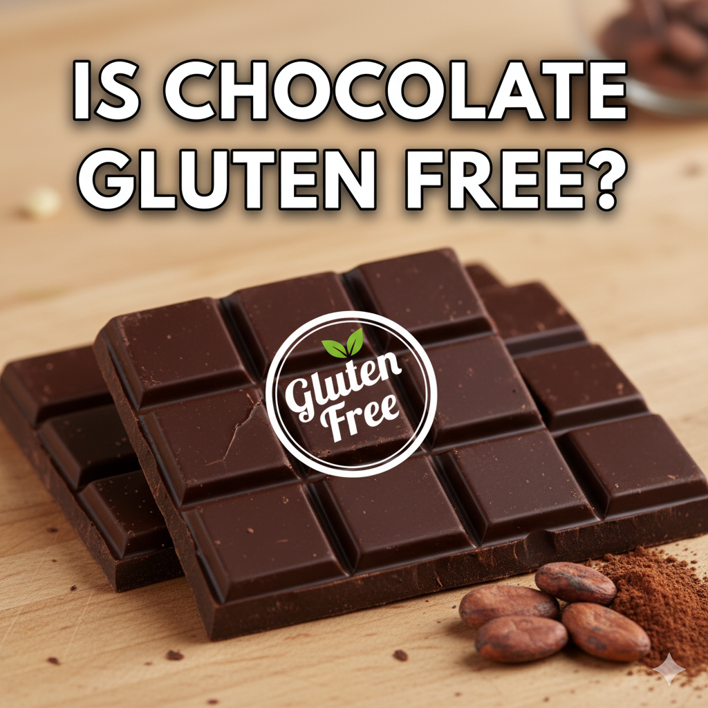 Dark chocolate bar stamped gluten free with the question Is Chocolate Gluten Free?