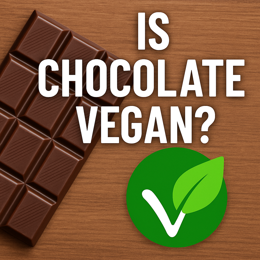 Dark chocolate bar with a green vegan symbol and the question Is Chocolate Vegan?