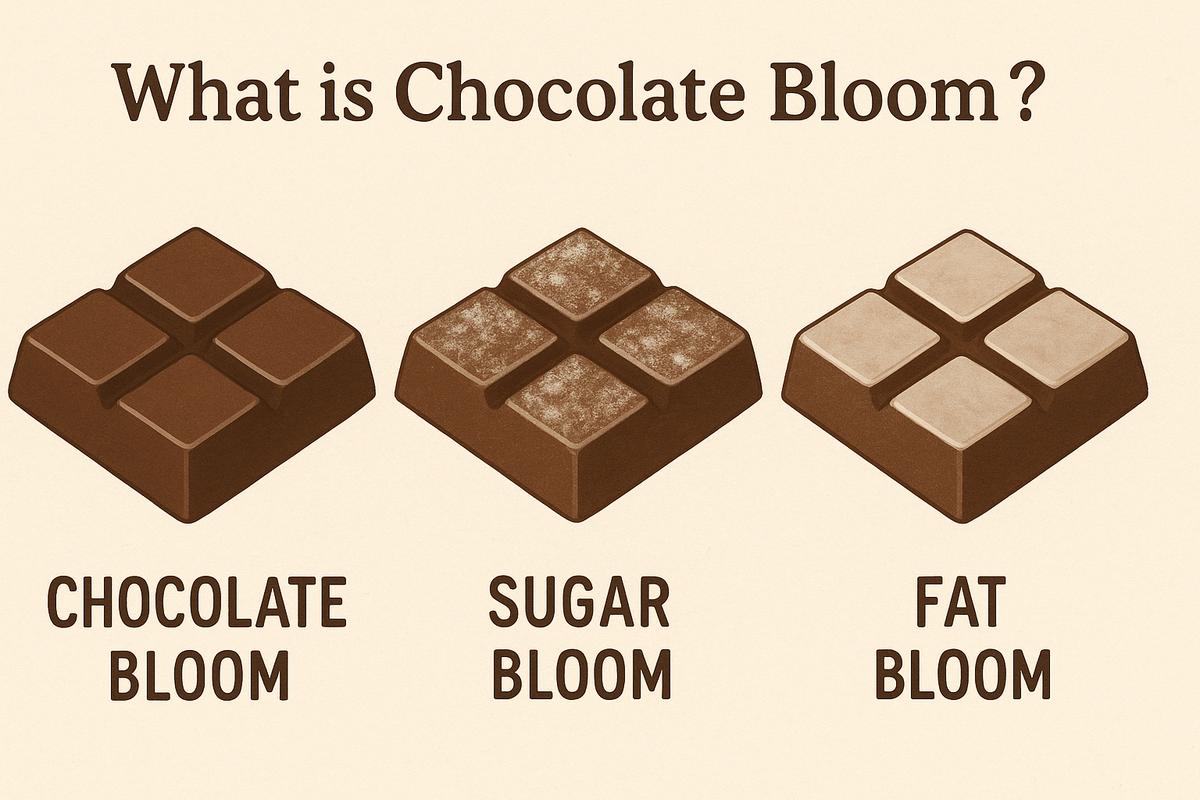 Illustration comparing chocolate bloom, sugar bloom and fat bloom on chocolate bars