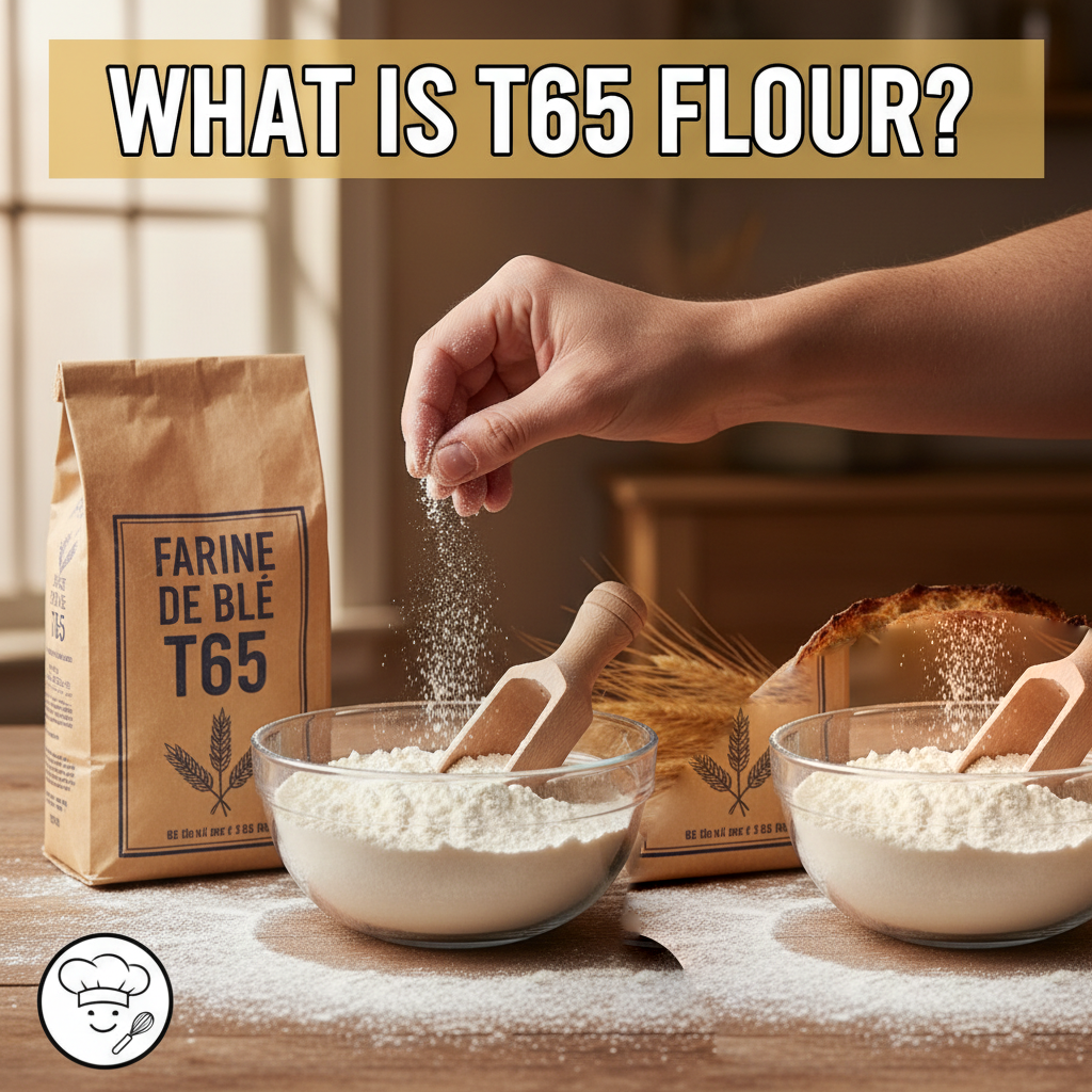 Hand sprinkling flour into a bowl next to a bag of T65 flour with the text What is T65 Flour?