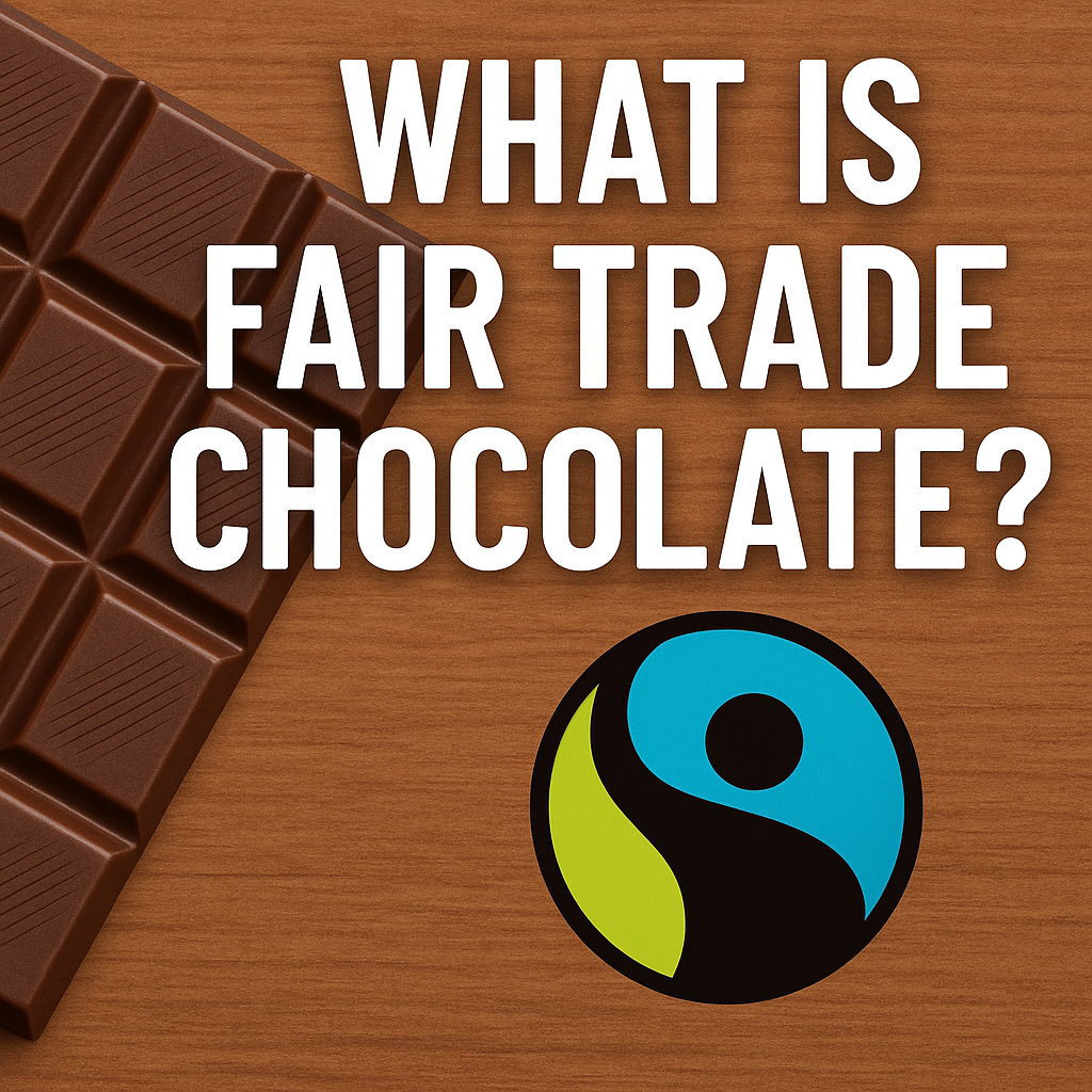 Dark chocolate bar with the Fairtrade symbol and the question What Is Fair Trade Chocolate?