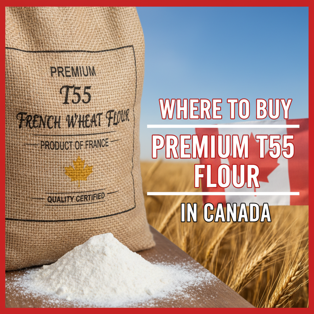 Burlap sack of T55 French wheat flour with the text Where to Buy Premium T55 Flour in Canada