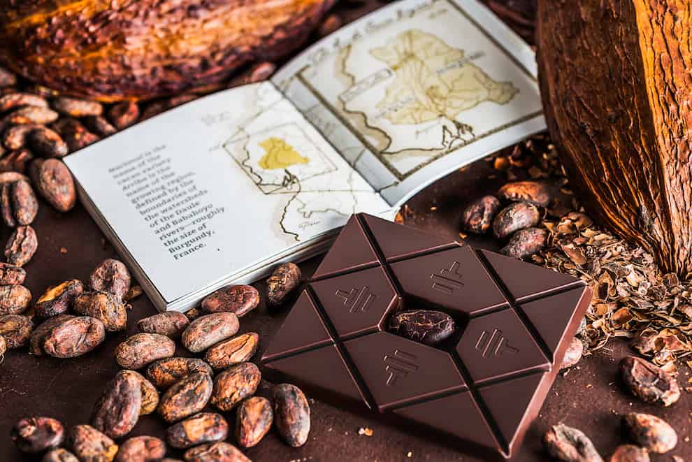 Dark chocolate bar, cocoa beans and cacao pods around an open book with a map