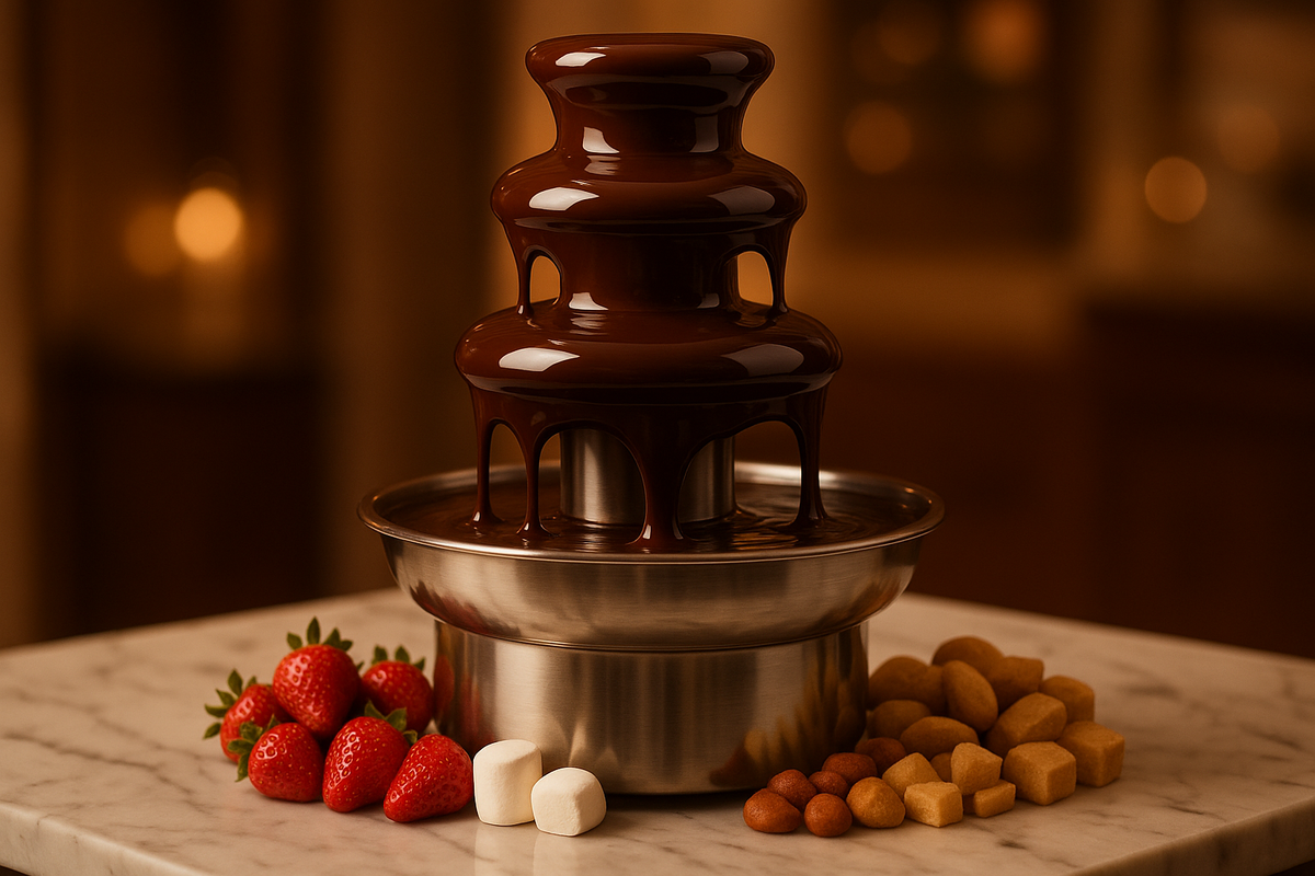 Chocolate fountain with strawberries, marshmallows and caramels on a marble table