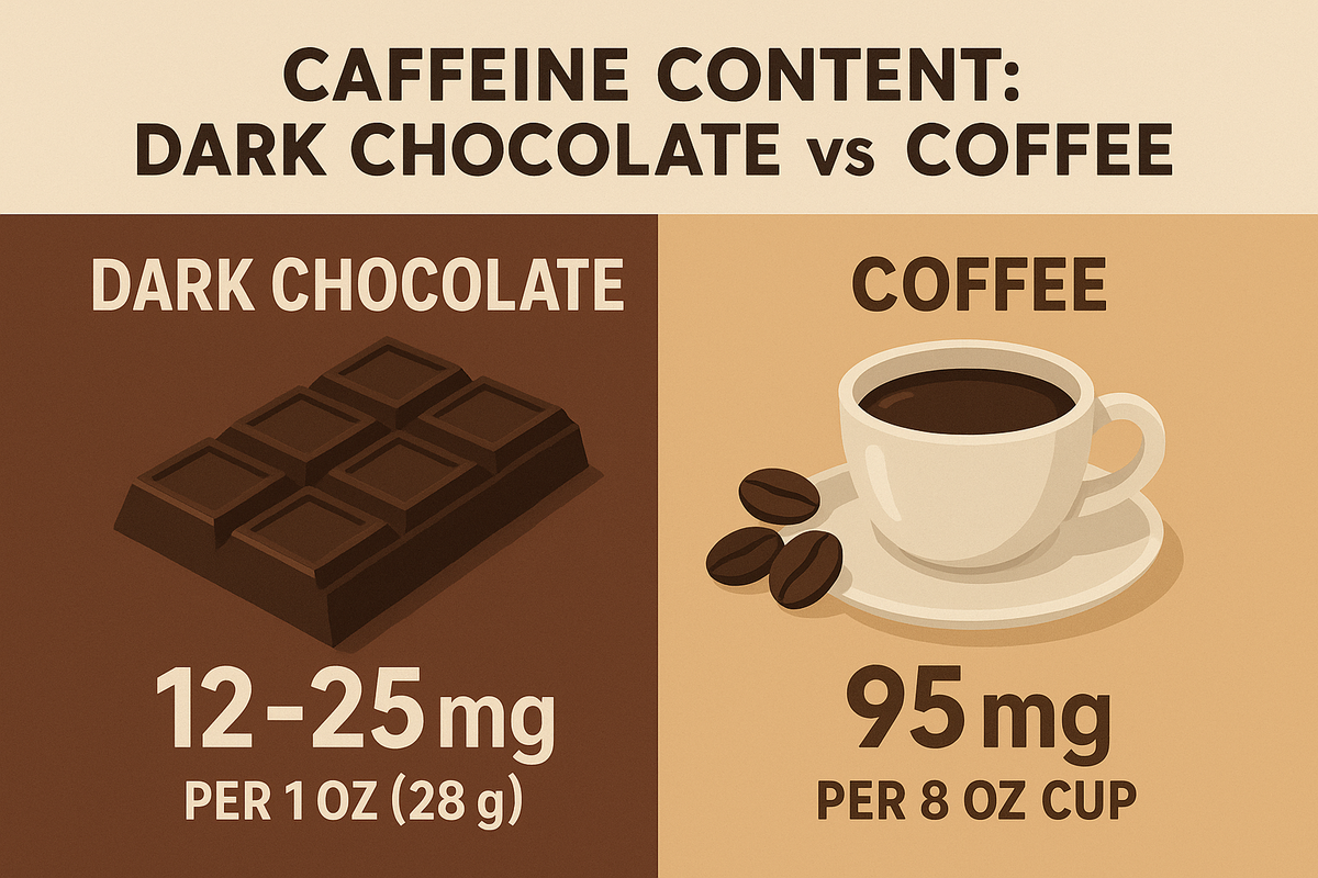 Infographic comparing caffeine in dark chocolate, 12–25 mg per 1 oz, with coffee, 95 mg per 8 oz cup