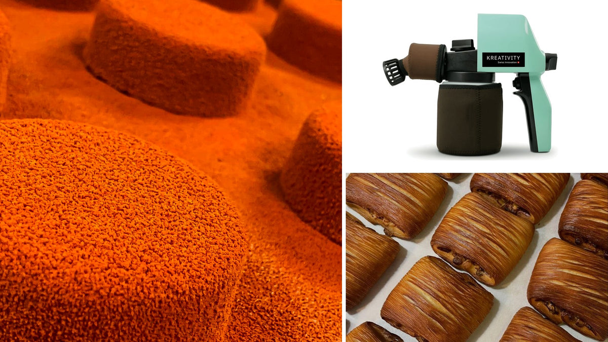 Velvet chocolate finish, KREA Swiss chocSPRAYER and egg-washed pastries