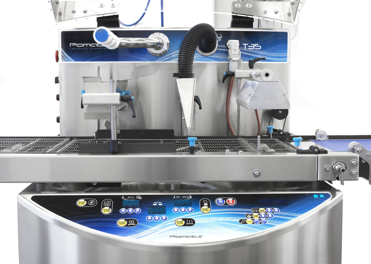 Pomati T35 tempering machine with an enrobing belt