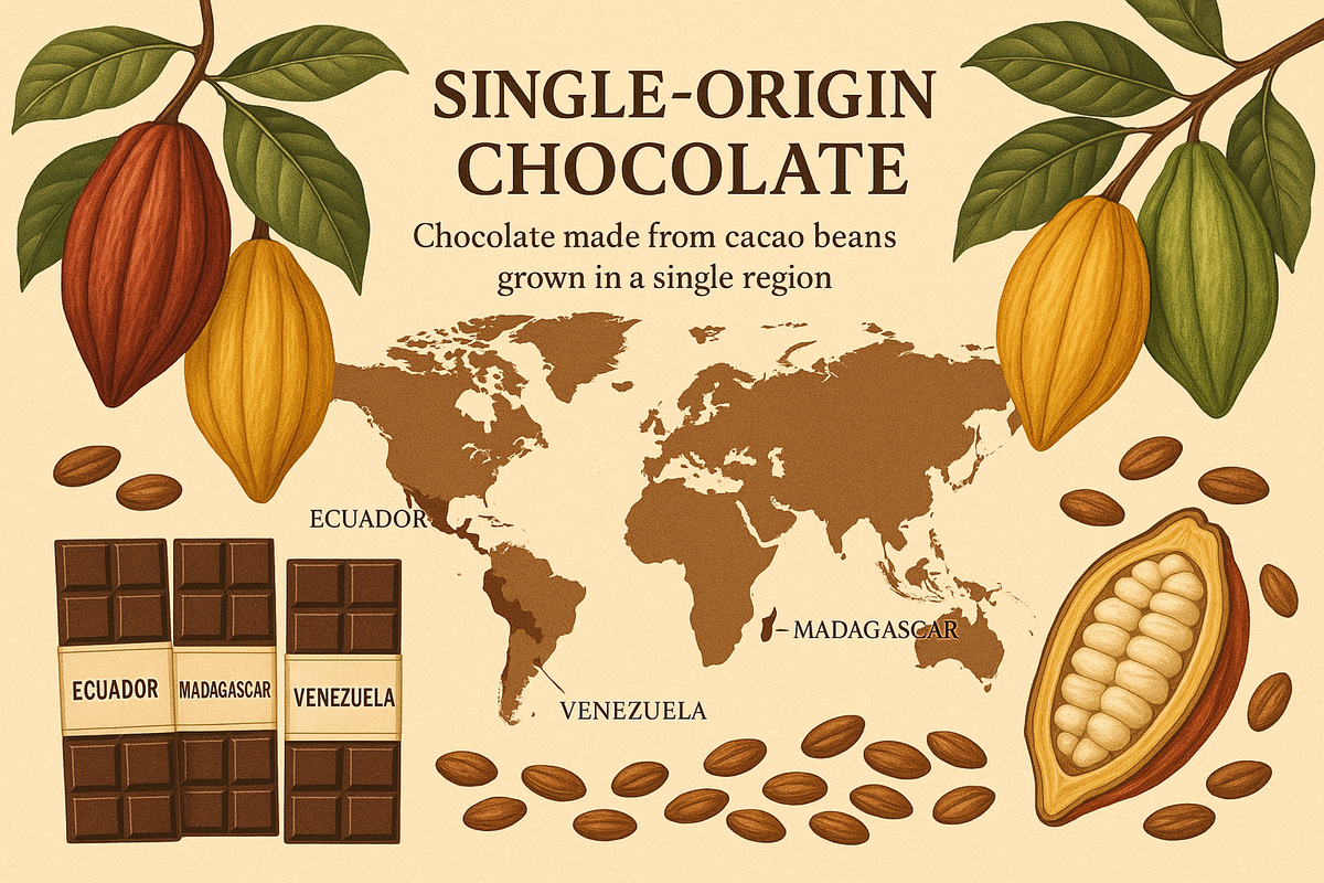 Illustrated world map of single-origin chocolate with cacao pods and bars from Ecuador, Madagascar and Venezuela