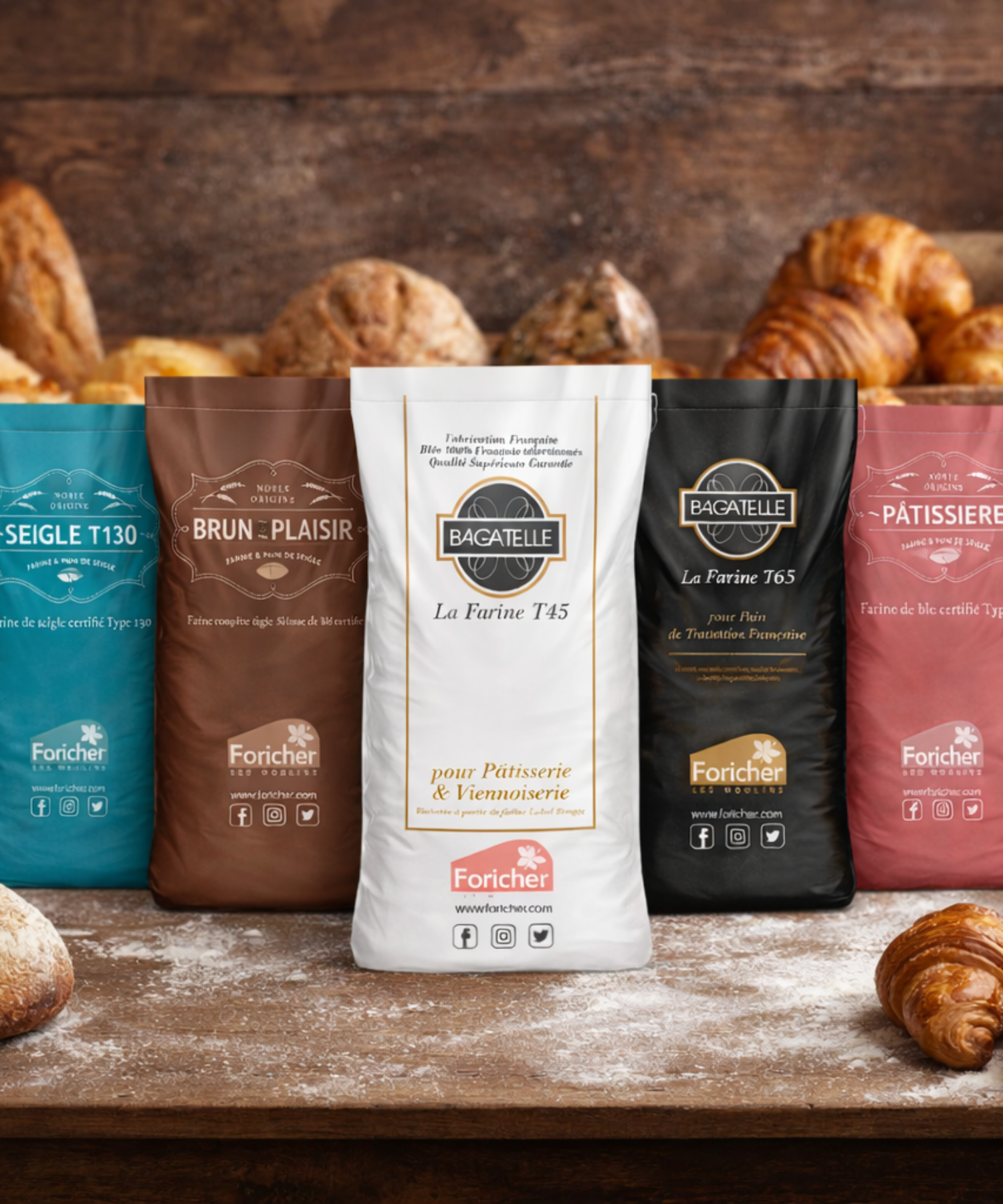 Assorted bags of Foricher flour on a wooden surface with bread in the background