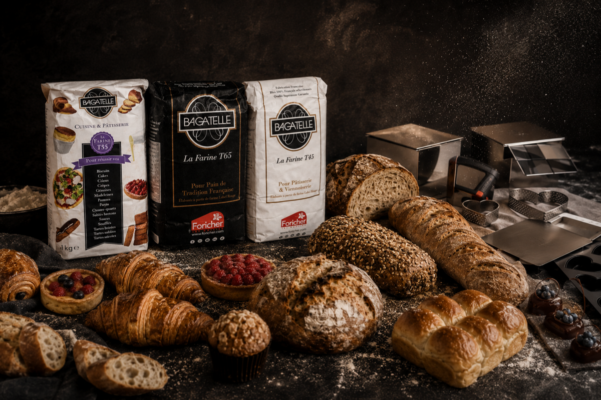 Breads, croissants and tarts beside three bags of Foricher Bagatelle flour