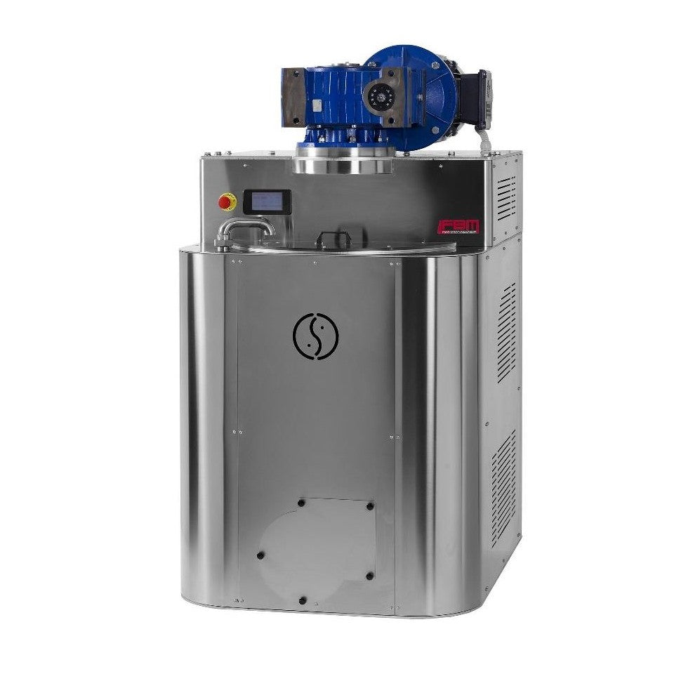 FBM TAOMAX stainless steel ball mill with blue top-mounted motor, touchscreen control panel and lateral ball-removal door