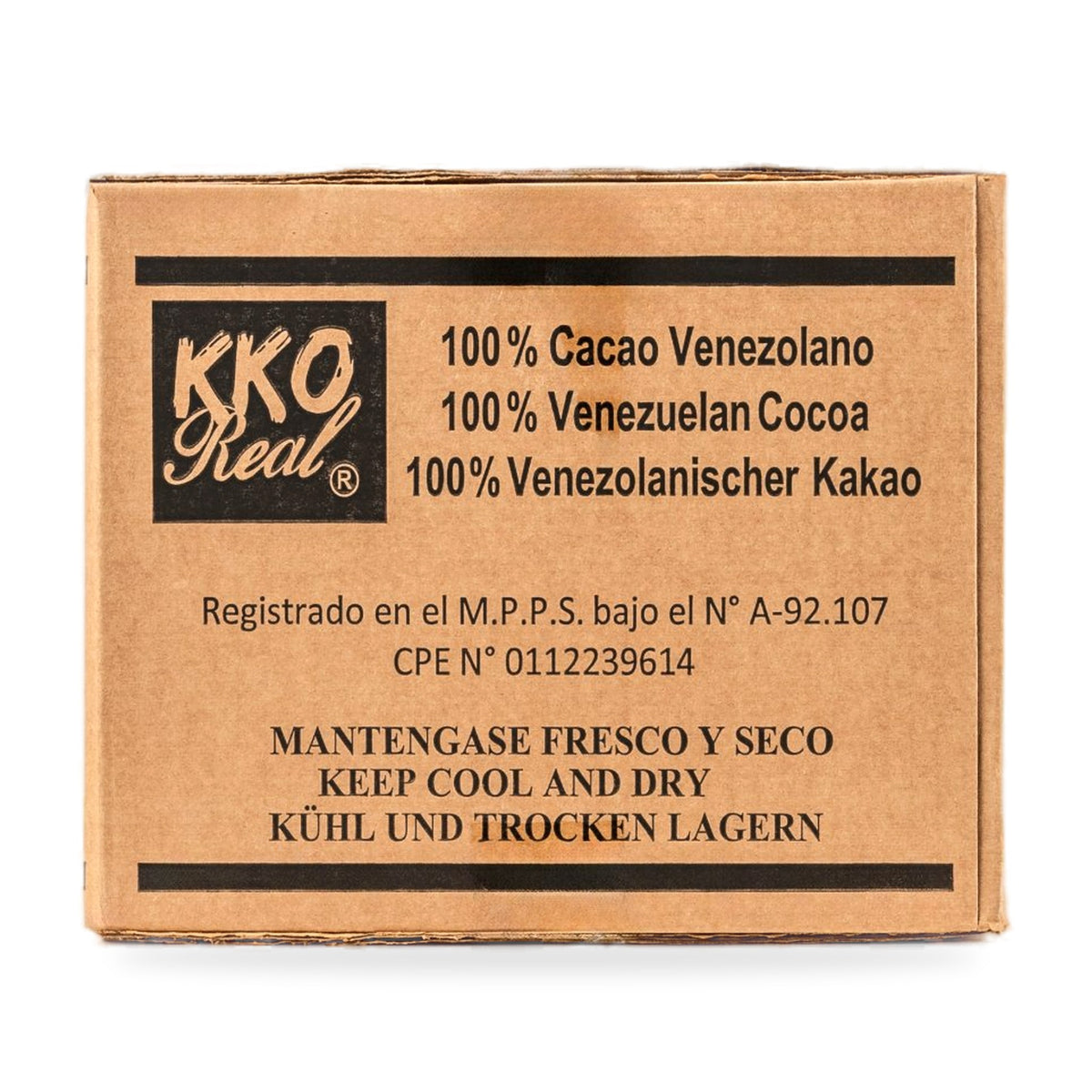 KKO Real 20 kg box side – 100% Venezuelan cocoa, keep cool and dry