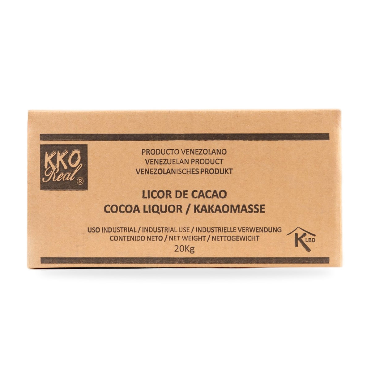 KKO Real cocoa liquor (cocoa mass), 20 kg box, front – 100% Venezuelan cocoa