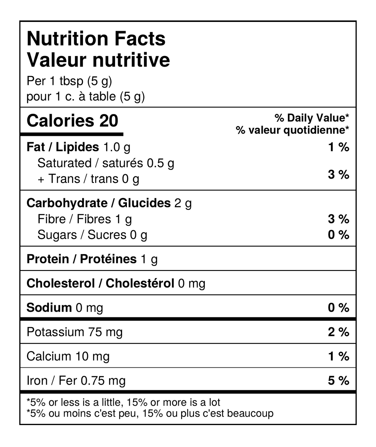 KKO Real Taza Nutrition Facts table – per 1 tbsp (5 g)