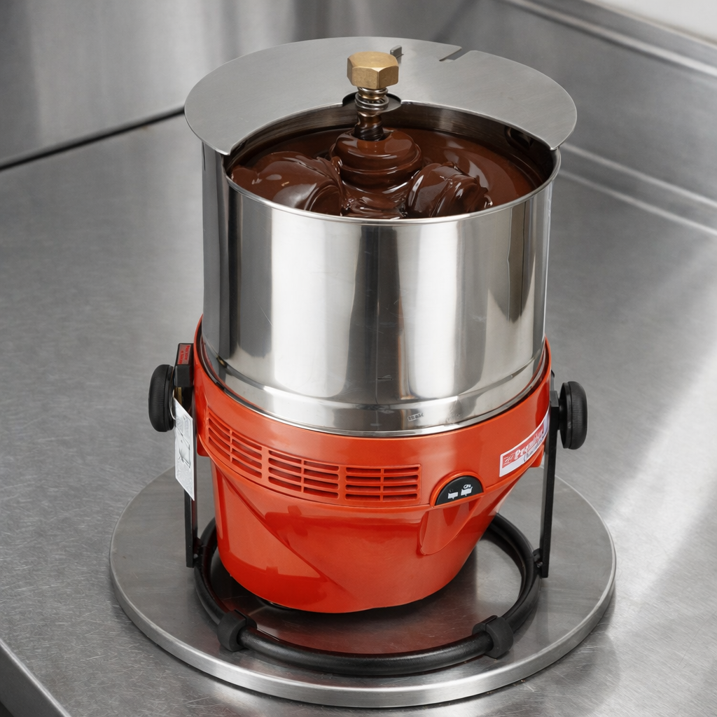 Professional chocolate refiner with stainless steel drum refining melted dark chocolate on a stainless steel worktable, red base cocoa refining machine in operation