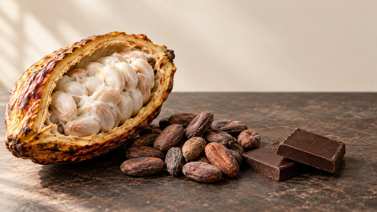 Open cacao pod, dried cacao beans and dark chocolate squares