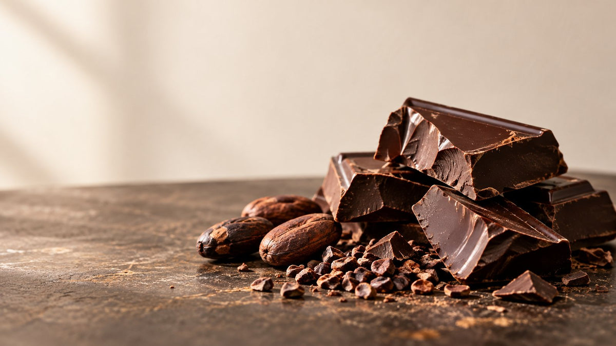 Broken dark chocolate pieces with roasted cacao beans and nibs