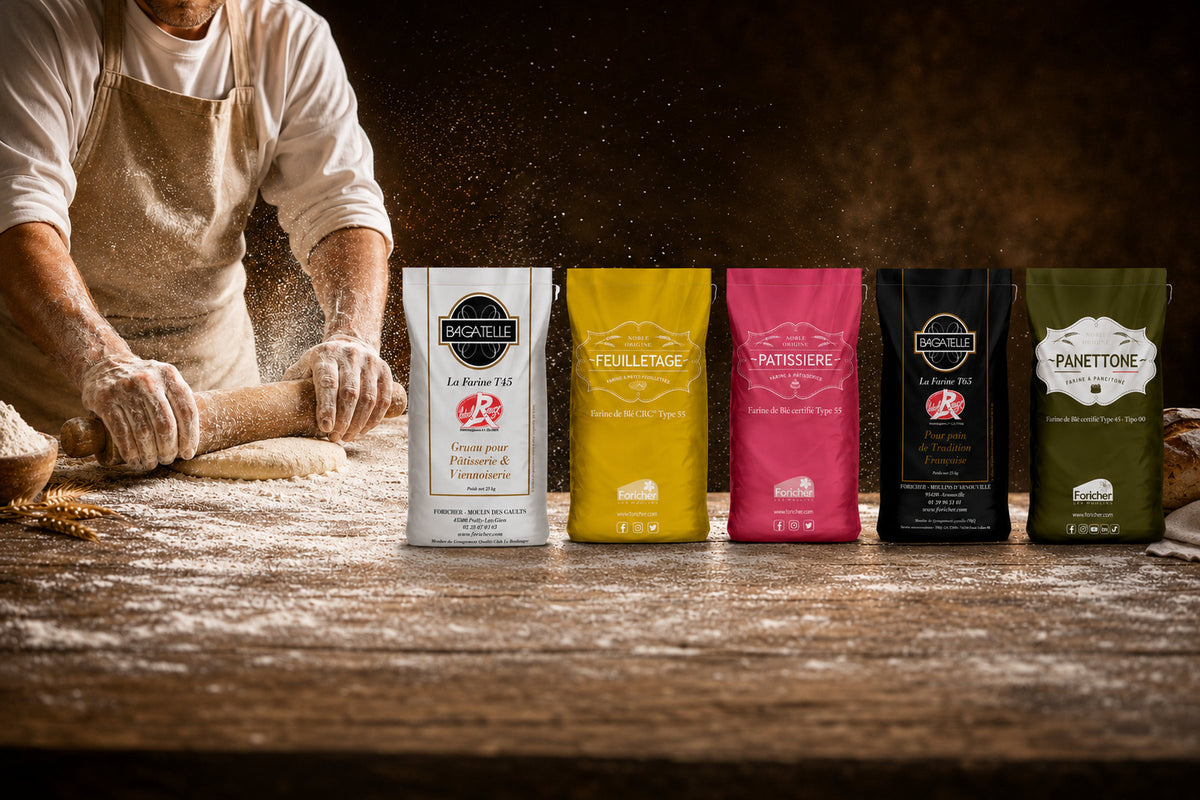 Baker rolling dough beside five bags of Foricher French flour