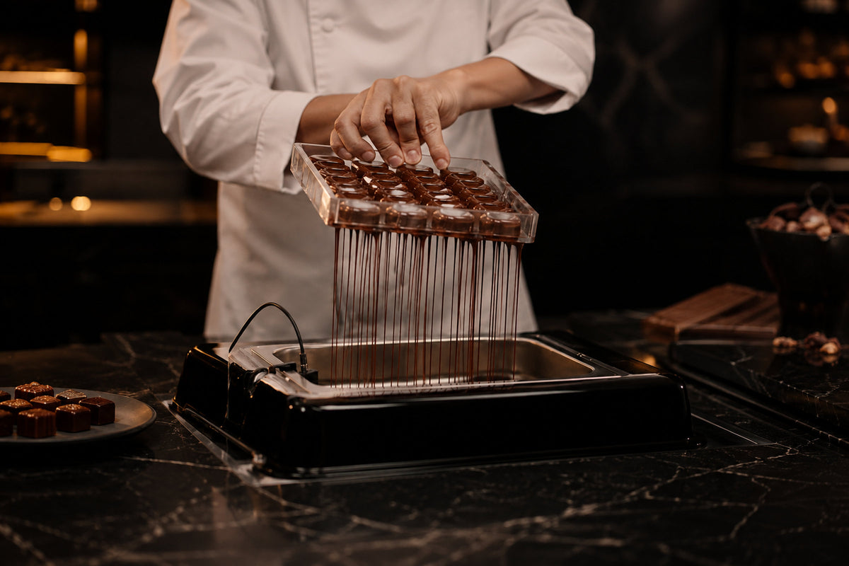 Chef lifting a bonbon mould over a chocolate tempering tank