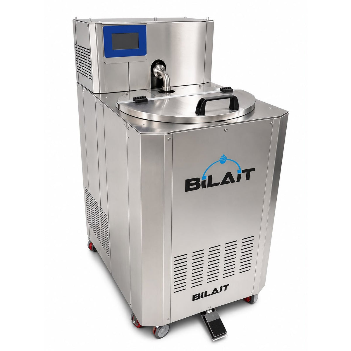 Bilait TANK MELT 100 stainless steel chocolate melting tank with touchscreen, lid, spout and foot pedal, on casters