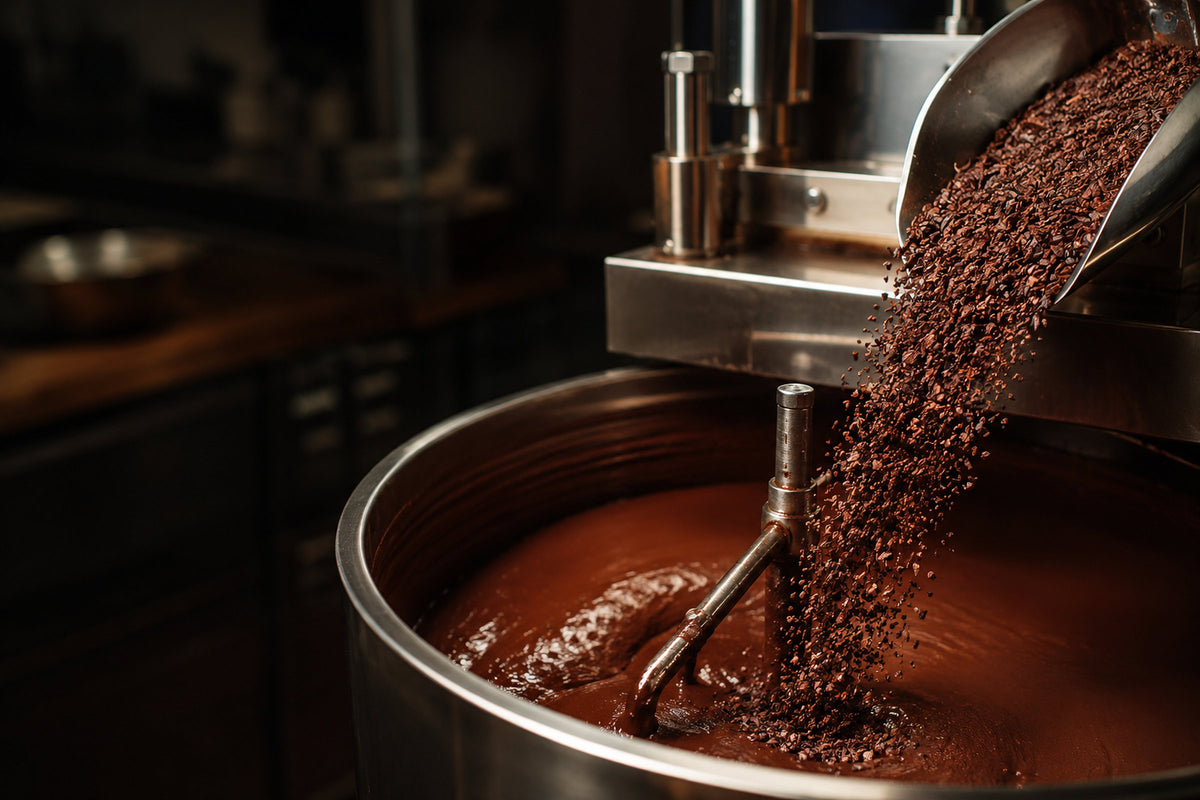 Cocoa nibs pouring into a melangeur filled with cocoa liquor