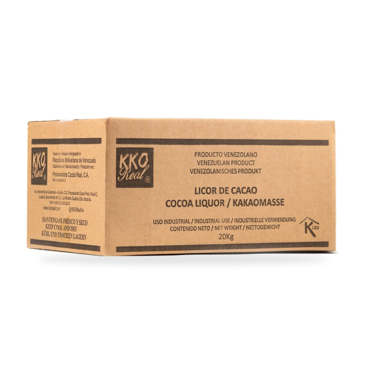 KKO Real cocoa liquor, 20 kg box, three-quarter view